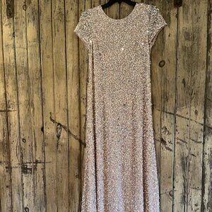 Adrianna Papell Pink Blush Beaded Sequin Long Dress Cap Sleeve Scoop Back 14